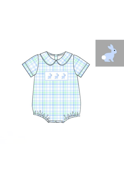 The Smocked Flamingo Apparel & Accessories Pre-Order Smocked Bunny Blue and Green Plaid Bubble
