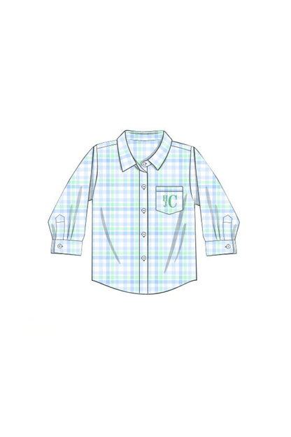 The Smocked Flamingo Apparel & Accessories Pre-Order Smocked Bunny Blue and Green Plaid Bubble Button Down