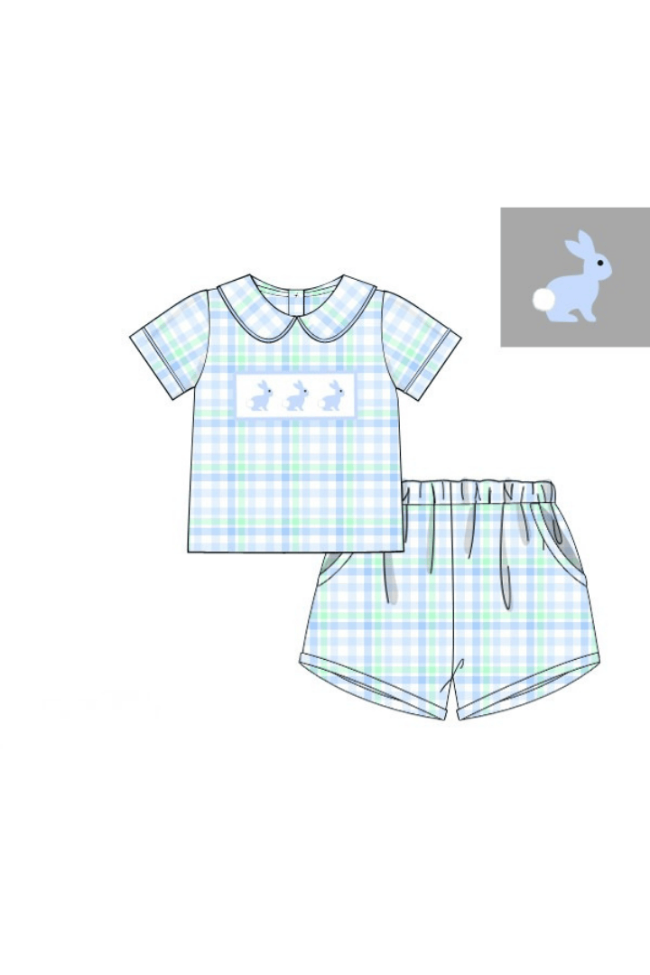 The Smocked Flamingo Apparel & Accessories Pre-Order Smocked Bunny Blue and Green Plaid Short Set