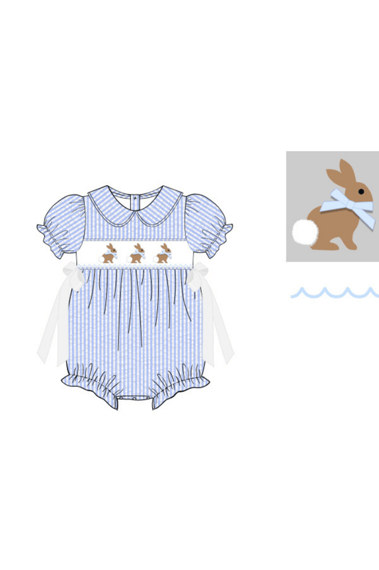 The Smocked Flamingo Apparel & Accessories Pre-Order Smocked Bunny Blue Seersucker Bow Bubble