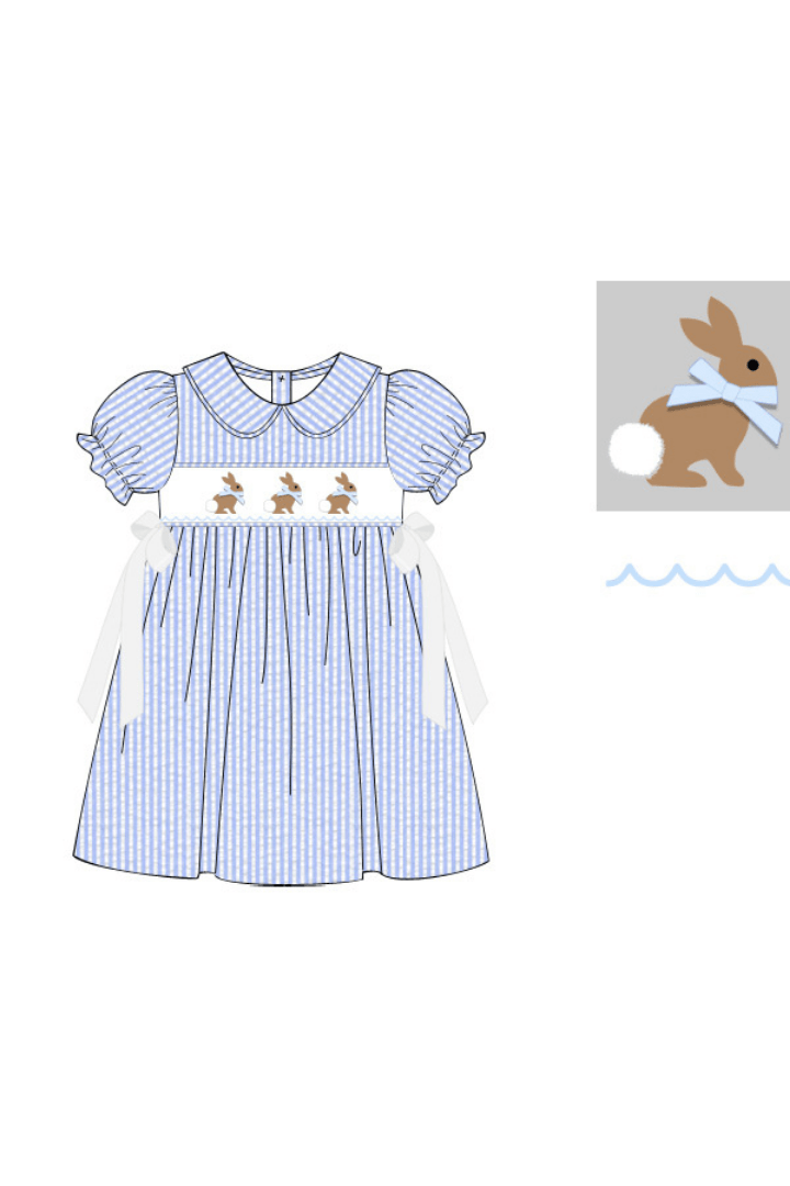 The Smocked Flamingo Apparel & Accessories Pre-Order Smocked Bunny Blue Seersucker Bow Dress