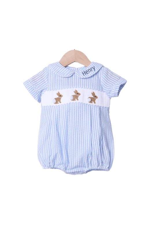 The Smocked Flamingo Apparel & Accessories Pre-Order Smocked Bunny Blue Seersucker Bubble