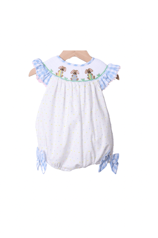 The Smocked Flamingo Apparel & Accessories Pre-Order Smocked Bunny Blue Seersucker Gingham Bubble