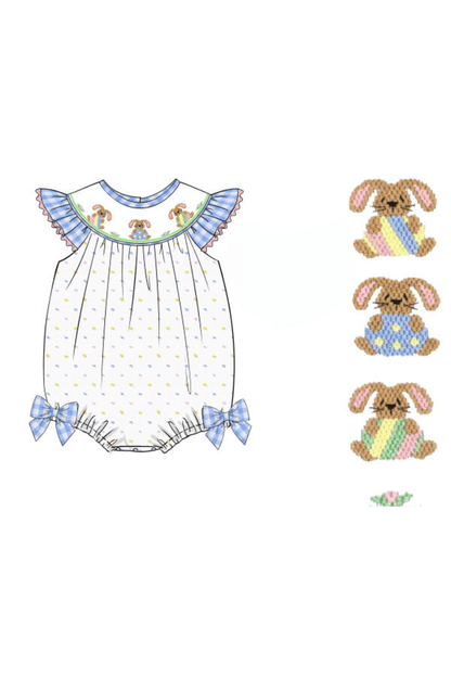 The Smocked Flamingo Apparel & Accessories Pre-Order Smocked Bunny Blue Seersucker Gingham Bubble