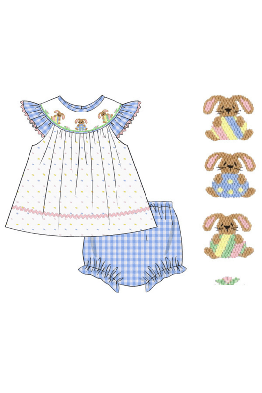 The Smocked Flamingo Apparel & Accessories Pre-Order Smocked Bunny Blue Seersucker Gingham Set