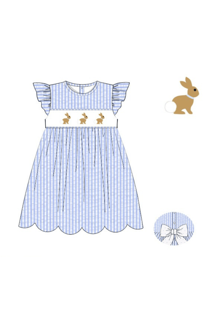 The Smocked Flamingo Apparel & Accessories Pre-Order Smocked Bunny Blue Seersucker Scalloped Dress