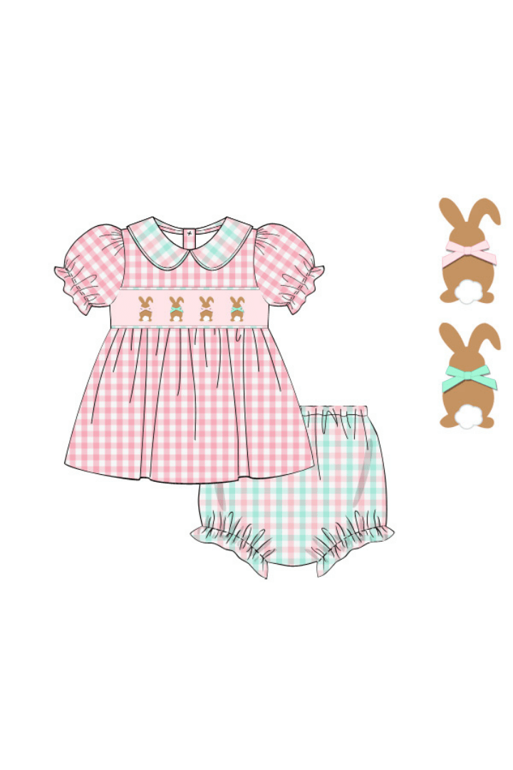 The Smocked Flamingo Apparel & Accessories Pre-Order Smocked Bunny Pink Gingham Bloomer Set