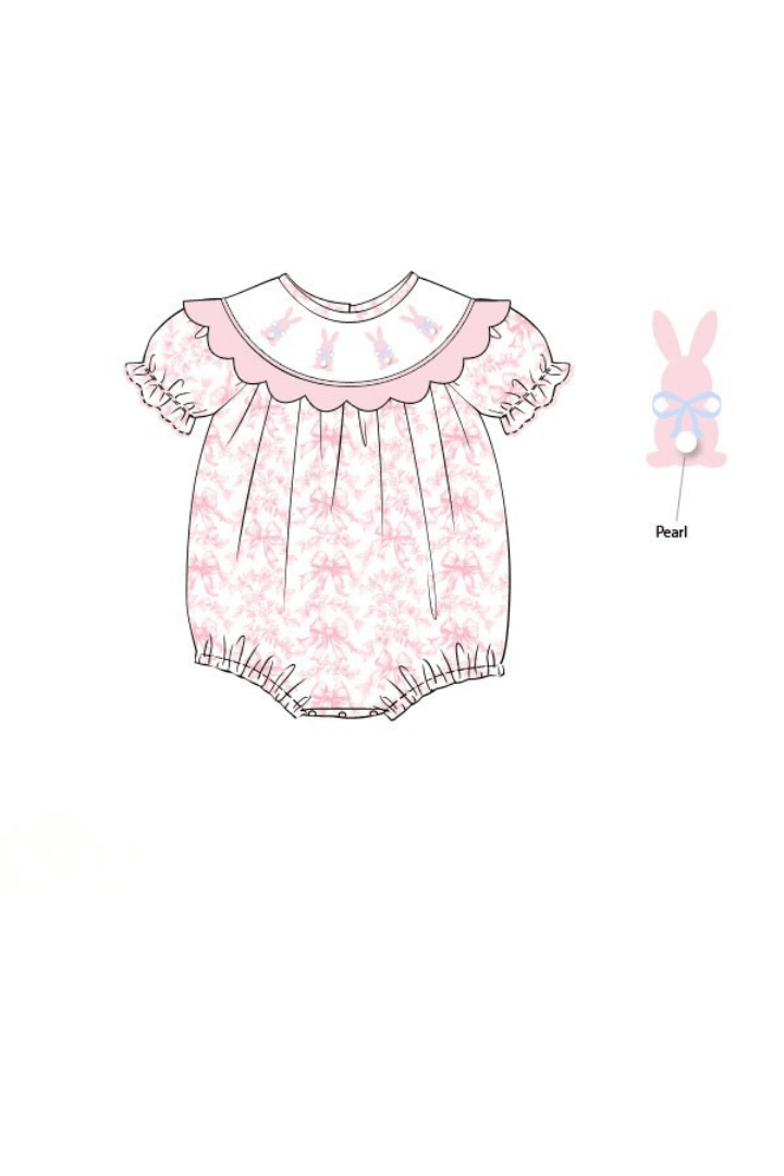 The Smocked Flamingo Apparel & Accessories Pre-Order Smocked Bunny Pink Toile Pearl Scalloped Bubble