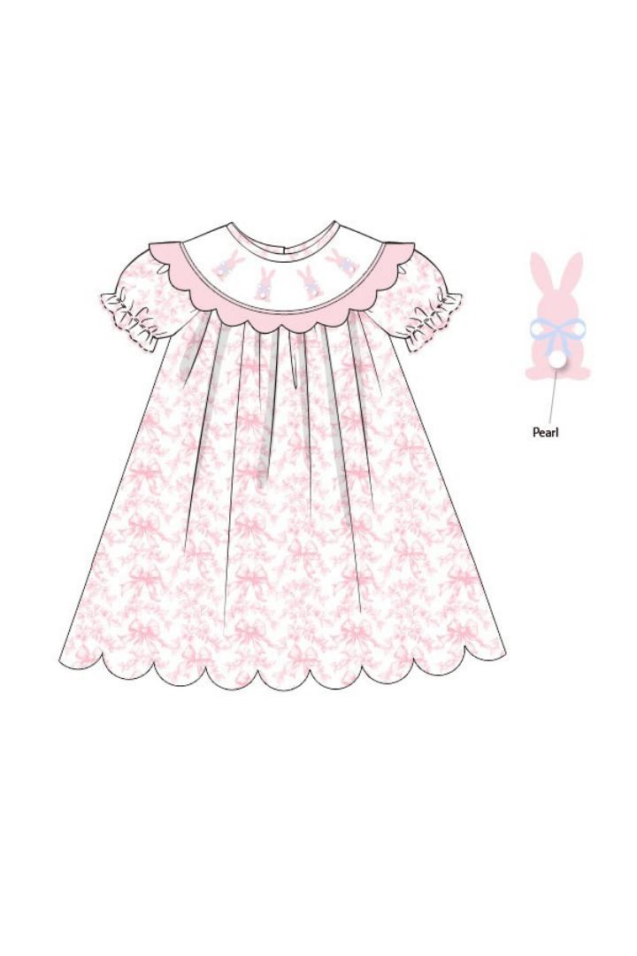 The Smocked Flamingo Apparel & Accessories Pre-Order Smocked Bunny Pink Toile Pearl Scalloped Dress