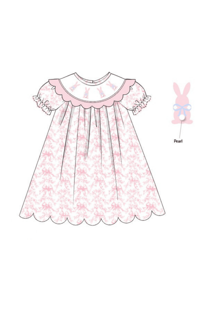 The Smocked Flamingo Apparel & Accessories Pre-Order Smocked Bunny Pink Toile Pearl Scalloped Dress