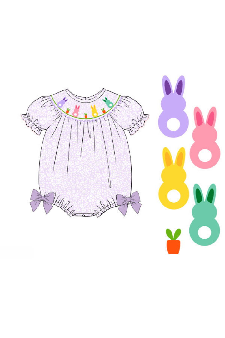 The Smocked Flamingo Apparel & Accessories Pre-Order Smocked Bunny Purple Floral Bishop Bubble