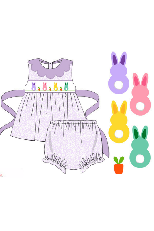 The Smocked Flamingo Apparel & Accessories Pre-Order Smocked Bunny Purple Floral Scalloped Bloomer Set