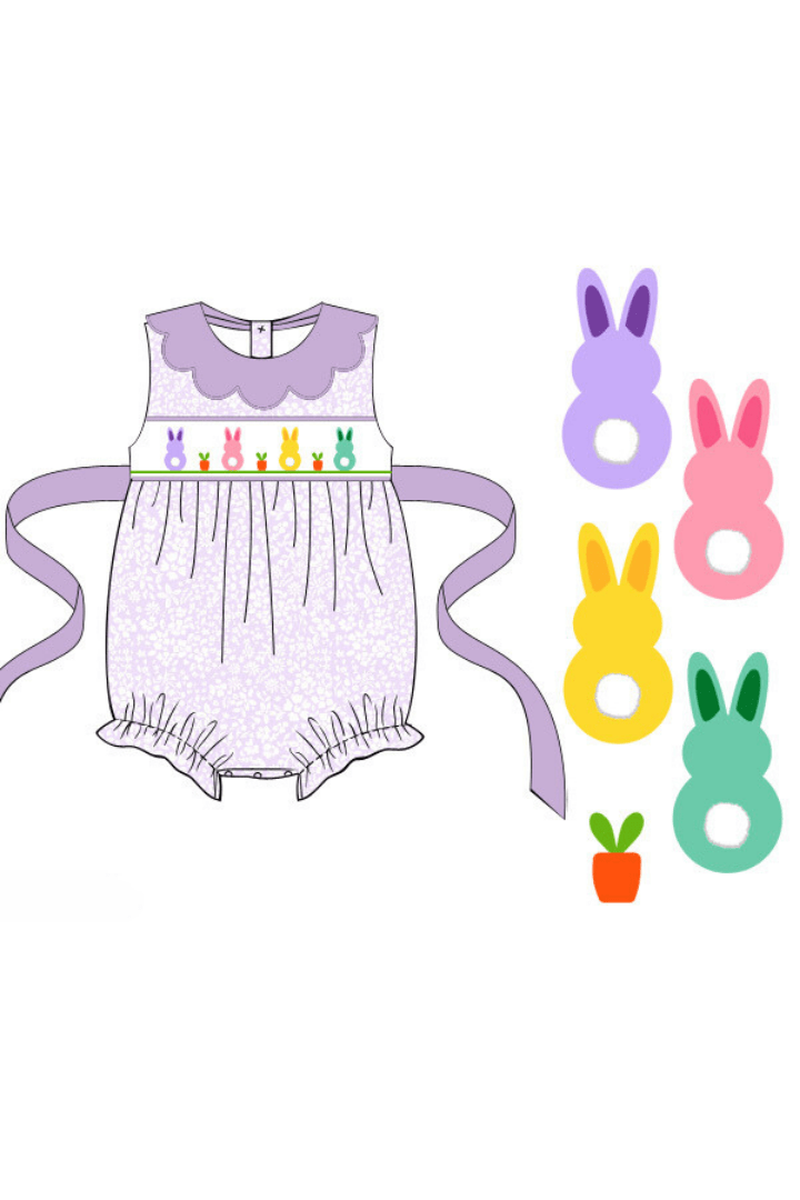 The Smocked Flamingo Apparel & Accessories Pre-Order Smocked Bunny Purple Floral Scalloped Bubble