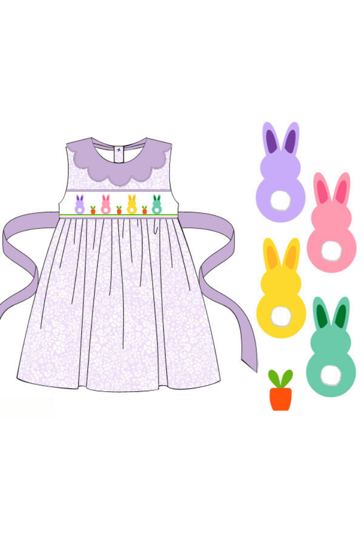 The Smocked Flamingo Apparel & Accessories Pre-Order Smocked Bunny Purple Floral Scalloped Dress