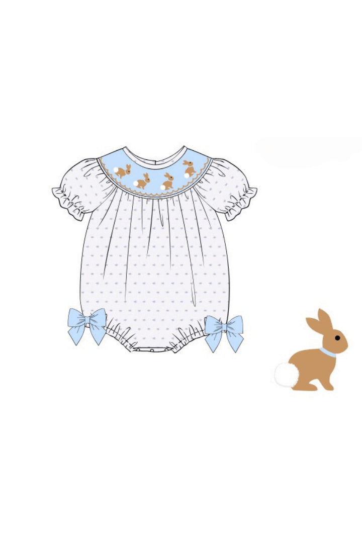 The Smocked Flamingo Apparel & Accessories Pre-Order Smocked Bunny White and Blue Swiss Dot Bubble