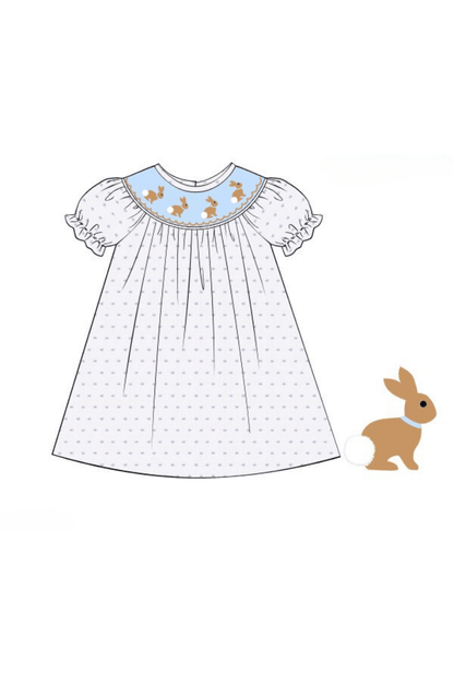 The Smocked Flamingo Apparel & Accessories Pre-Order Smocked Bunny White and Blue Swiss Dot Dress