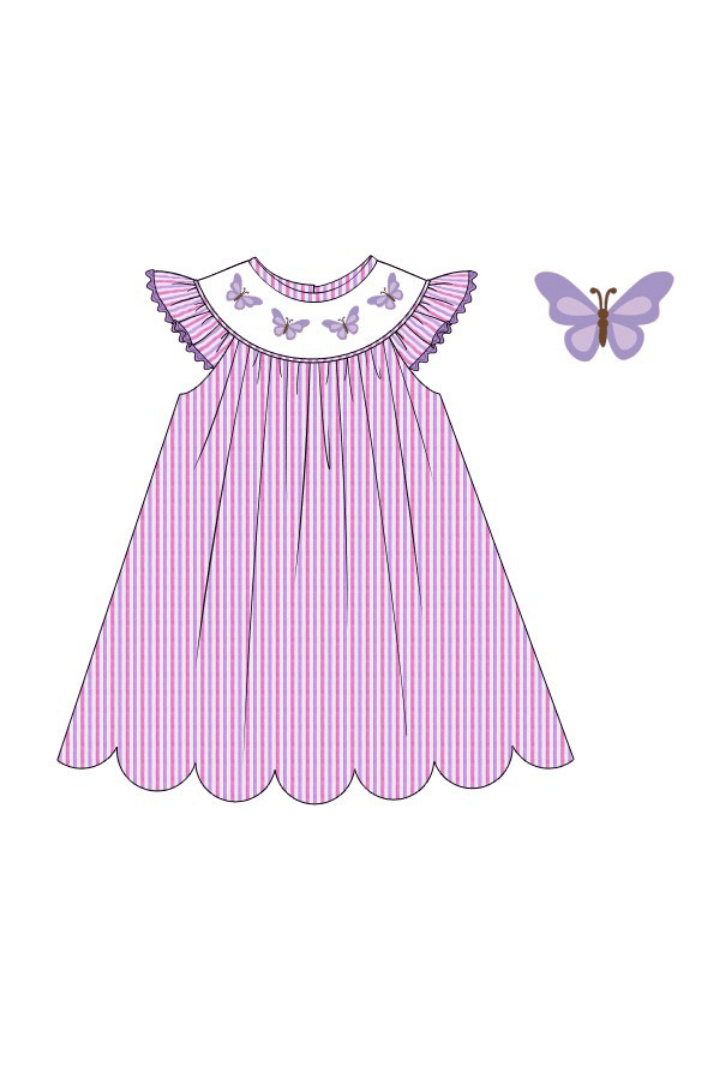 The Smocked Flamingo Apparel & Accessories Pre-Order Smocked Butterfly Lavender and Pink Seersucker Dress