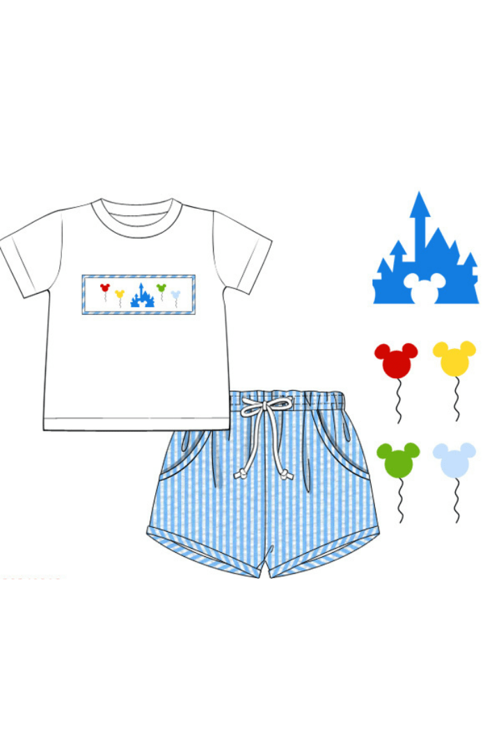 The Smocked Flamingo Apparel & Accessories Pre-Order Smocked Castle/Balloons Seersucker Short Set