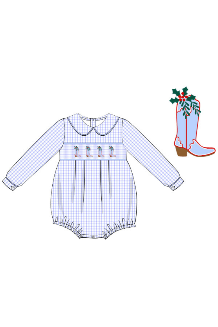 The Smocked Flamingo Apparel & Accessories Pre-Order Smocked Christmas Boots Blue Windowpane Bubble