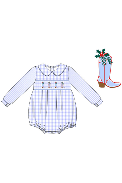 The Smocked Flamingo Apparel & Accessories Pre-Order Smocked Christmas Boots Blue Windowpane Bubble