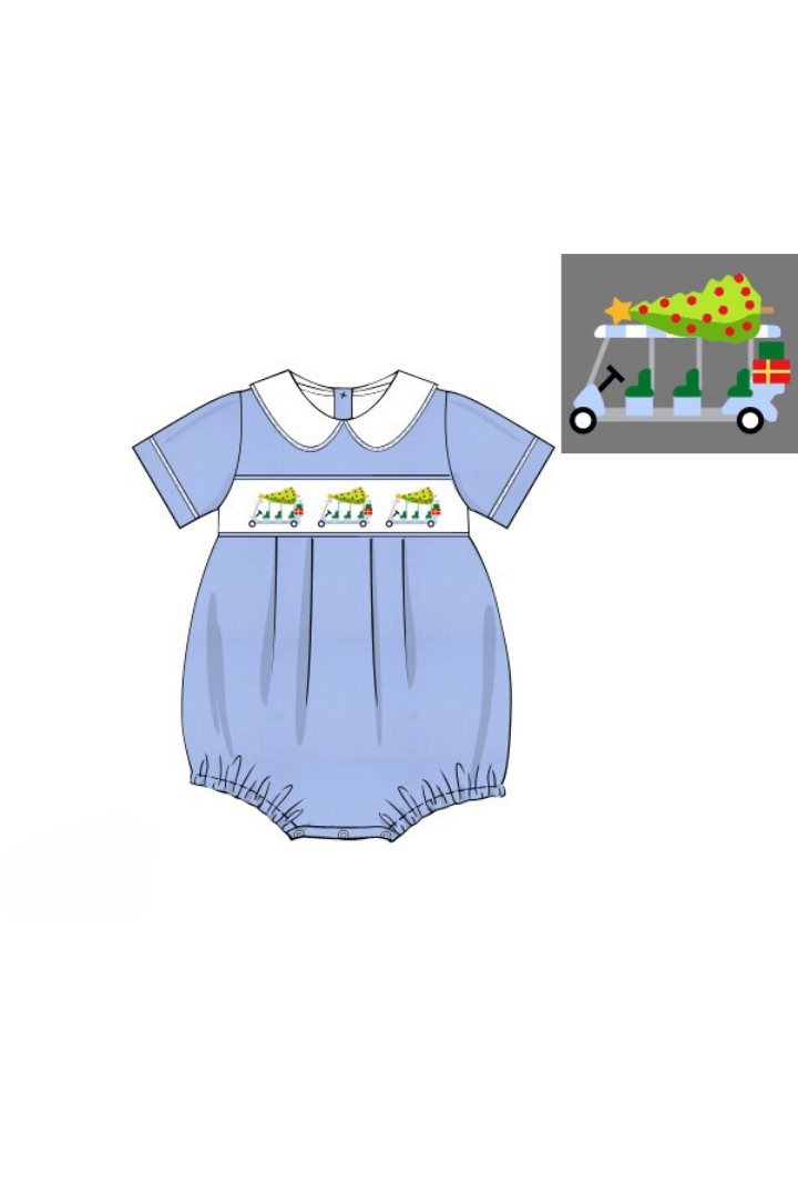 The Smocked Flamingo Apparel & Accessories Pre-Order Smocked Christmas Golf Cart Blue Corduroy Bubble