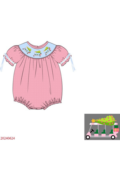 The Smocked Flamingo Apparel & Accessories Pre-Order Smocked Christmas Golf Cart Pink Corduroy Bubble