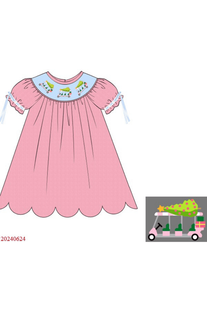 The Smocked Flamingo Apparel & Accessories Pre-Order Smocked Christmas Golf Cart Pink Corduroy Dress