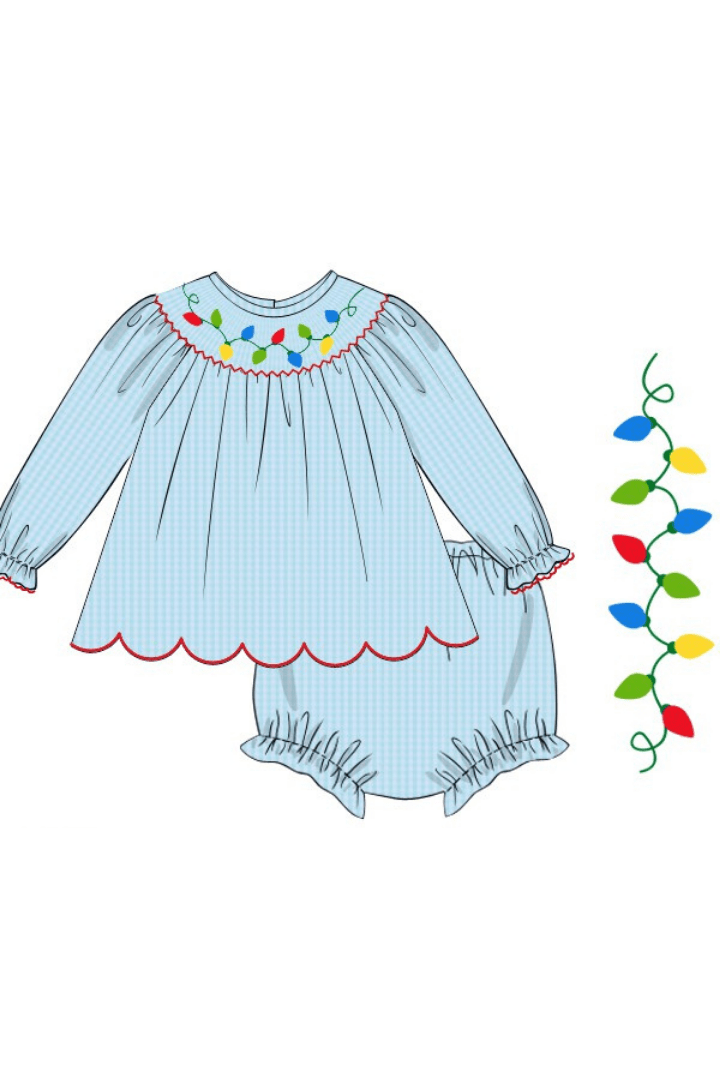 The Smocked Flamingo Apparel & Accessories Pre-Order Smocked Christmas Lights Bishop Bloomer Set