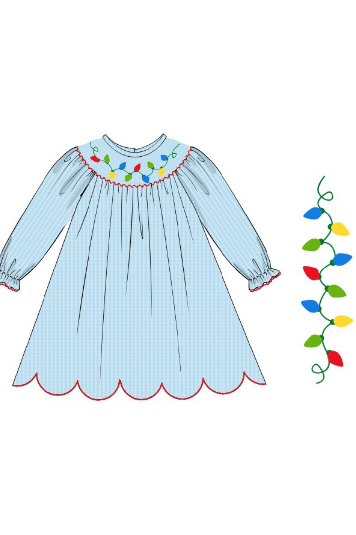 The Smocked Flamingo Apparel & Accessories Pre-Order Smocked Christmas Lights Bishop Dress