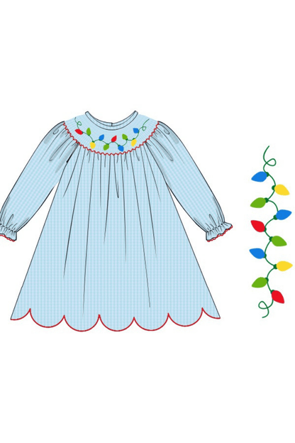 The Smocked Flamingo Apparel & Accessories Pre-Order Smocked Christmas Lights Bishop Dress