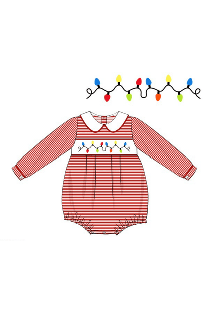 The Smocked Flamingo Apparel & Accessories Pre-Order Smocked Christmas Lights Red Stripe Bubble