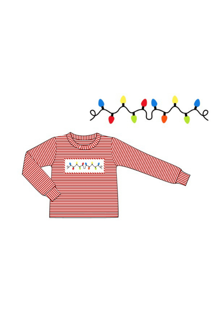 The Smocked Flamingo Apparel & Accessories Pre-Order Smocked Christmas Lights Red Stripe Shirt