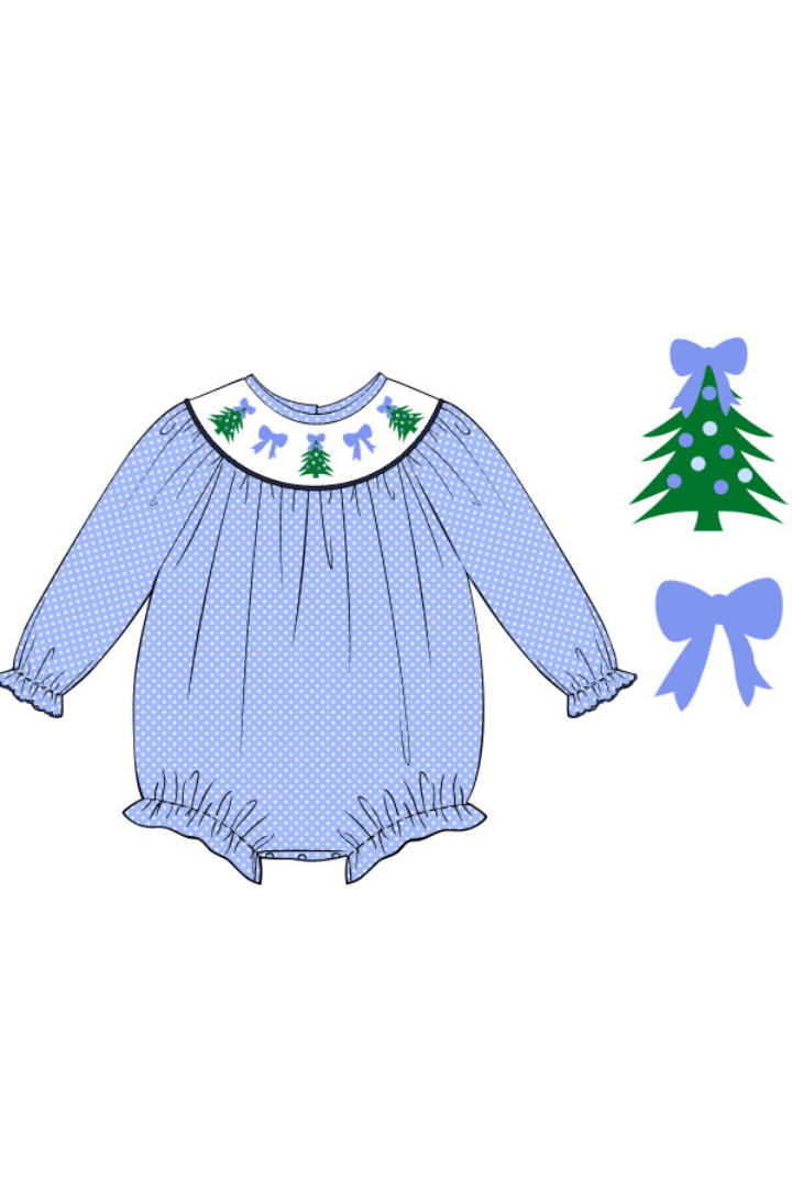 The Smocked Flamingo Apparel & Accessories Pre-Order Smocked Christmas Tree Blue Polka Dot Bishop Bubble