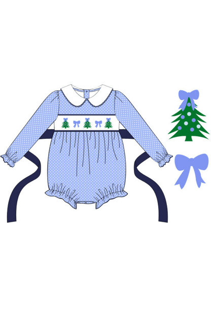 The Smocked Flamingo Apparel & Accessories Pre-Order Smocked Christmas Tree Blue Polka Dot Bow Bubble