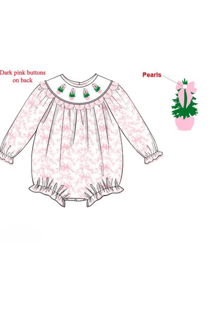 The Smocked Flamingo Apparel & Accessories Pre-Order Smocked Christmas Tree Pink Floral Scalloped Bubble