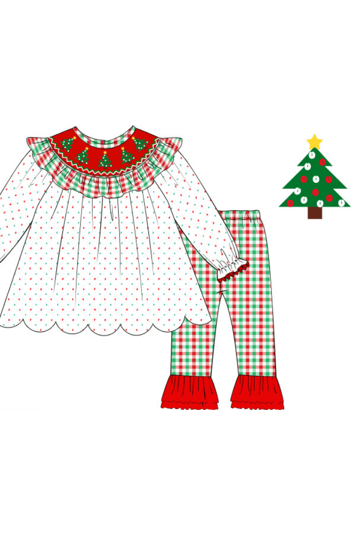 The Smocked Flamingo Apparel & Accessories Pre-Order Smocked Christmas Tree Red/Green Plaid Bishop Pant Set