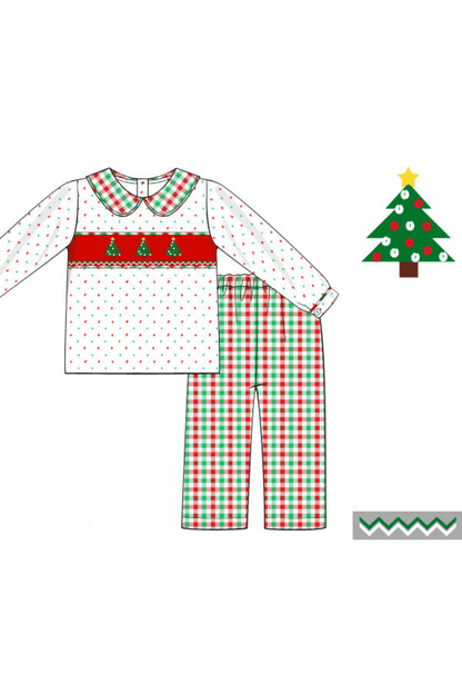 The Smocked Flamingo Apparel & Accessories Pre-Order Smocked Christmas Tree Red/Green Plaid Pant Set