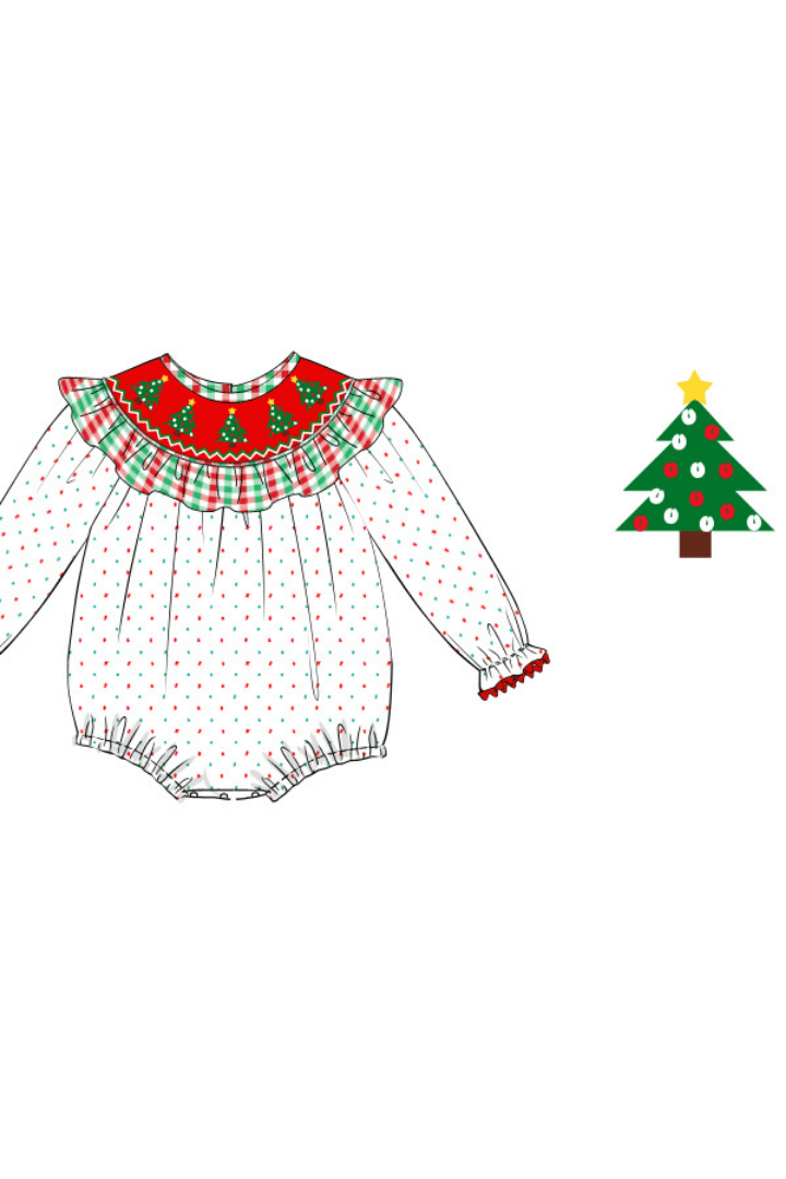 The Smocked Flamingo Apparel & Accessories Pre-Order Smocked Christmas Tree Red/Green Swiss Dot Bishop Bubble