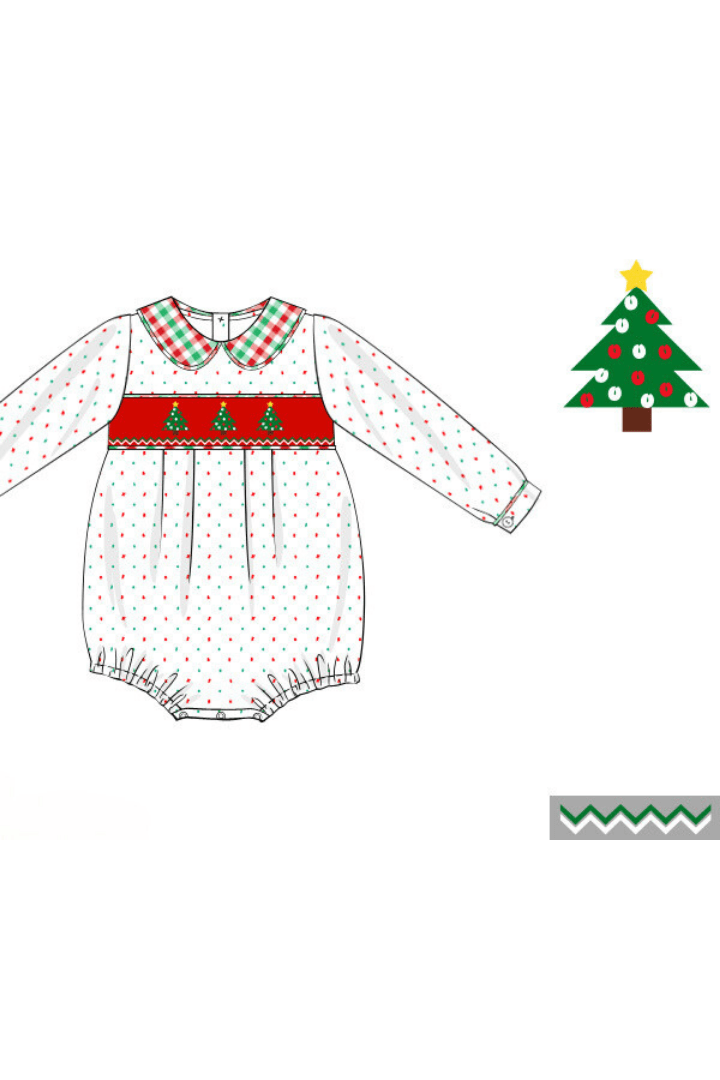 The Smocked Flamingo Apparel & Accessories Pre-Order Smocked Christmas Tree Red/Green Swiss Dot Bubble