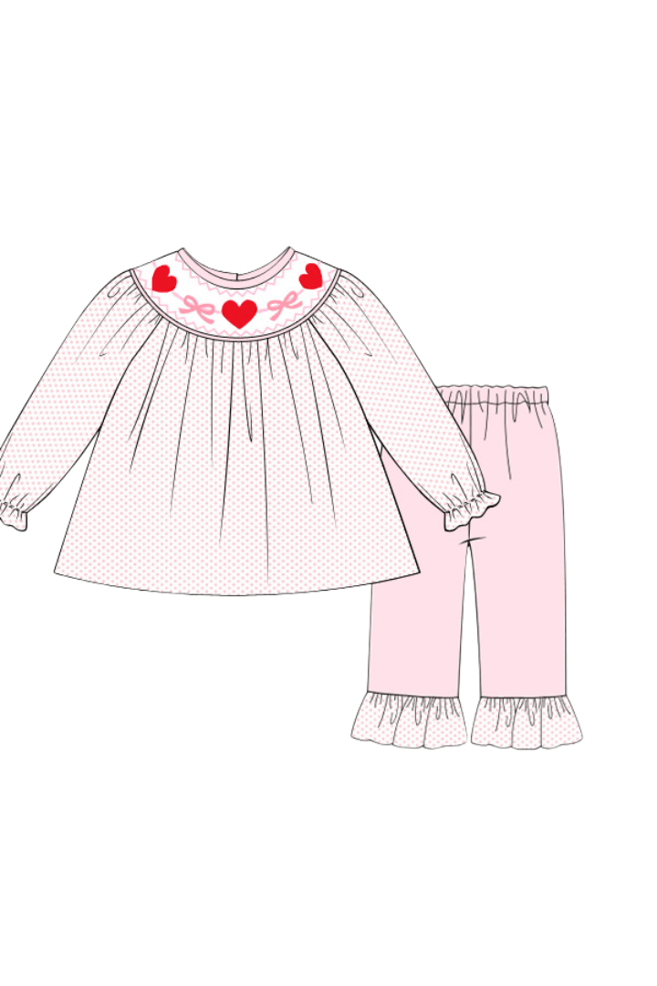 The Smocked Flamingo Apparel & Accessories Pre-Order Smocked Classic Bow and Heart Pink Bitty Dot Pant Set