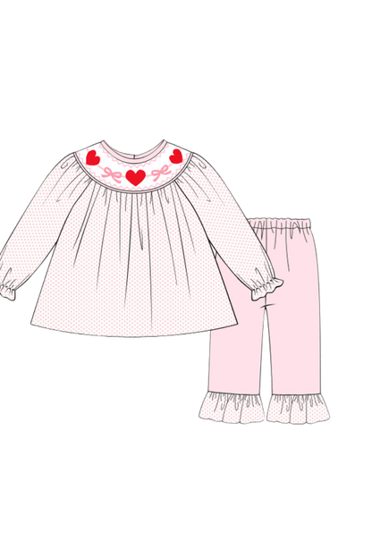 The Smocked Flamingo Apparel & Accessories Pre-Order Smocked Classic Bow and Heart Pink Bitty Dot Pant Set