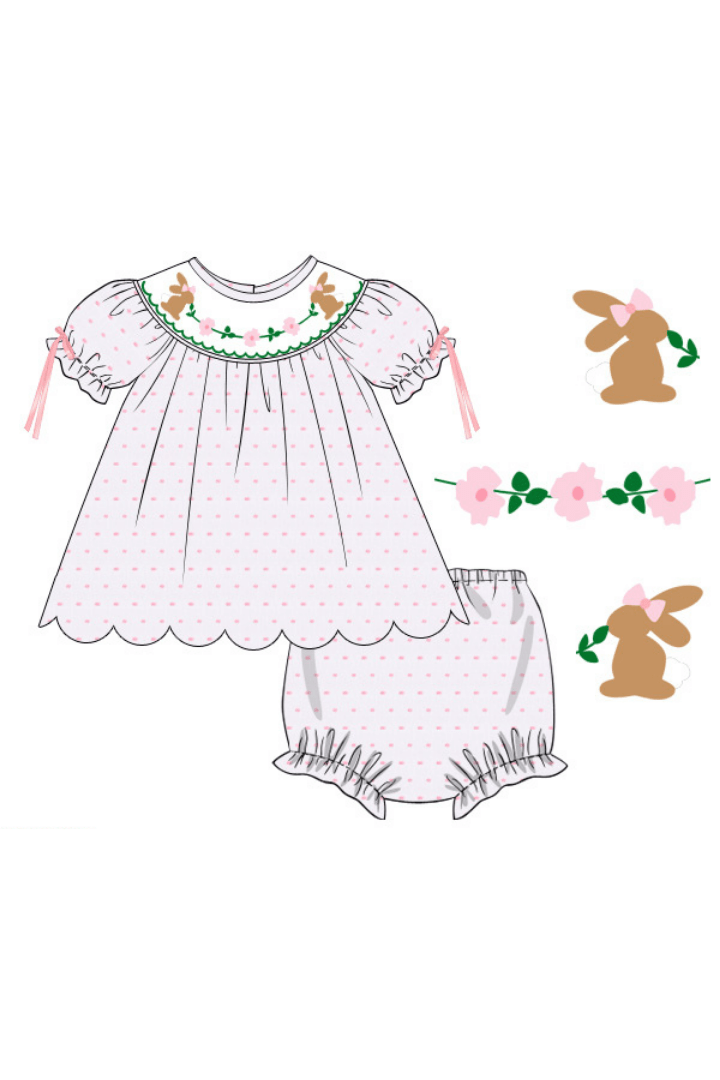 The Smocked Flamingo Apparel & Accessories Pre-Order Smocked Classic Bunny Swiss Dot Bloomer Set