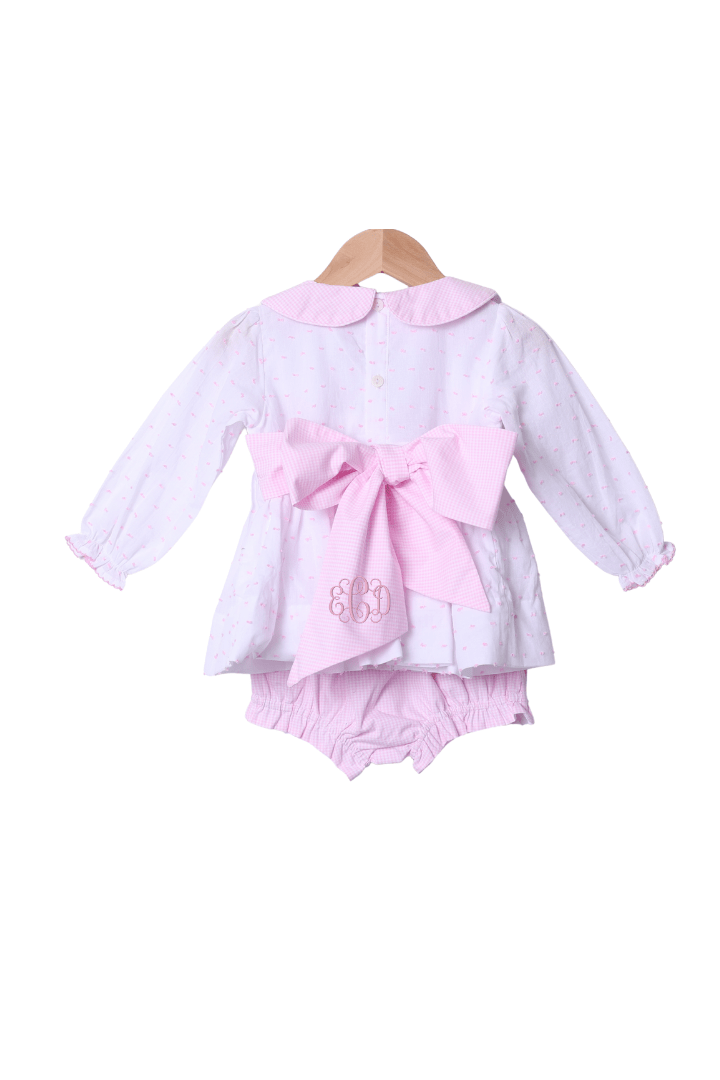 The Smocked Flamingo Apparel & Accessories Pre-Order Smocked Classic Turkey Pink Swiss Dot Bow Bloomer Set