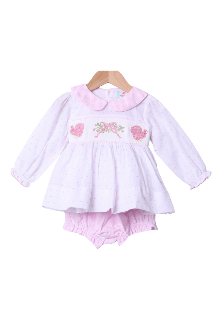 The Smocked Flamingo Apparel & Accessories Pre-Order Smocked Classic Turkey Pink Swiss Dot Bow Bloomer Set