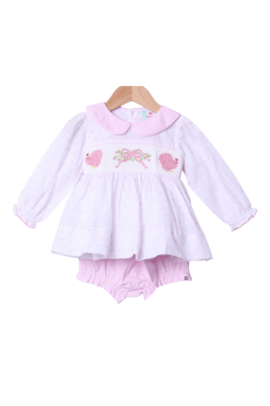 The Smocked Flamingo Apparel & Accessories Pre-Order Smocked Classic Turkey Pink Swiss Dot Bow Bloomer Set
