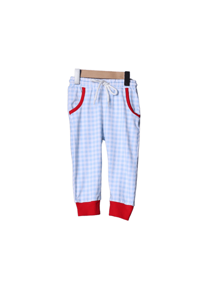 The Smocked Flamingo Apparel & Accessories Pre-Order Smocked Construction Heart Red and Blue Gingham Jogger Set