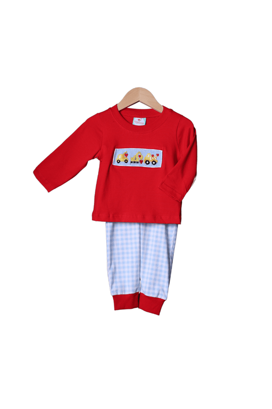 The Smocked Flamingo Apparel & Accessories Pre-Order Smocked Construction Heart Red and Blue Gingham Jogger Set