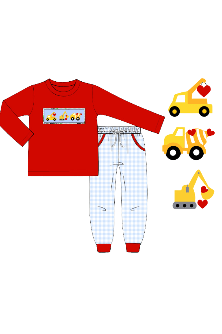 The Smocked Flamingo Apparel & Accessories Pre-Order Smocked Construction Heart Red and Blue Gingham Jogger Set