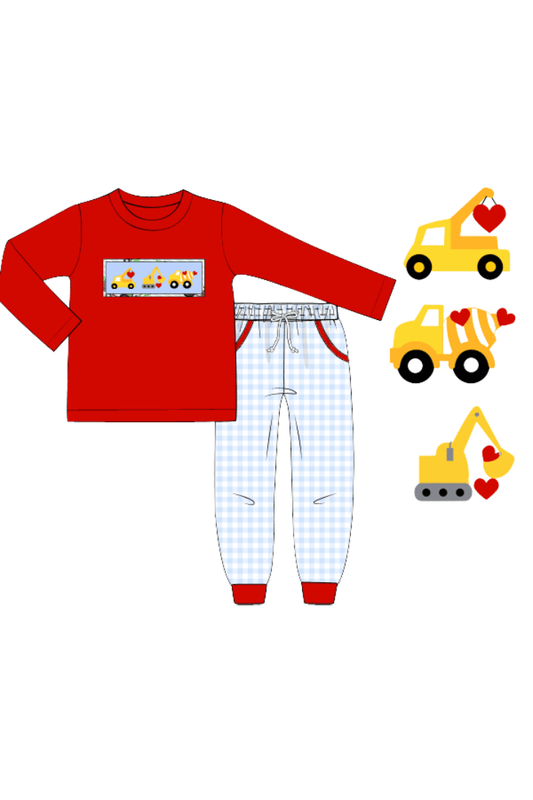 The Smocked Flamingo Apparel & Accessories Pre-Order Smocked Construction Heart Red and Blue Gingham Jogger Set