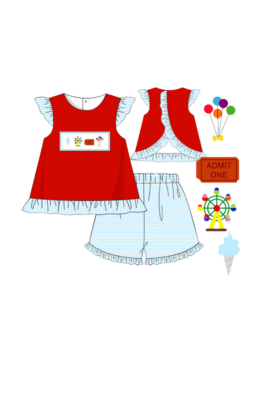 The Smocked Flamingo Apparel & Accessories Pre-Order Smocked County Fair Red/Blue Stripe Ruffle Short Set